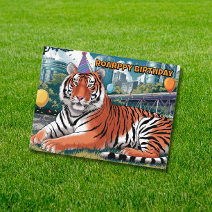 Carte Postale tigre du bengale portant un chapeau d'anniversaire