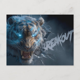 Carte Postale Tigre en colère aux yeux bleus lumineux faisant un