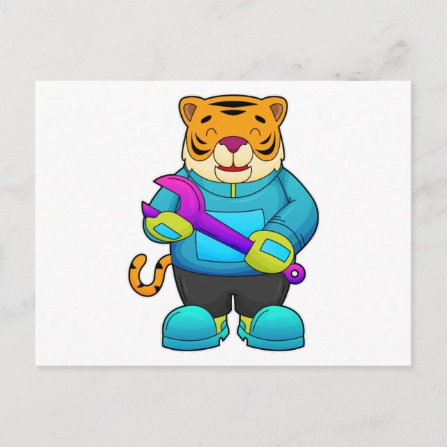 Carte Postale Tigre en mécanicien avec clé à écrou (Devant)