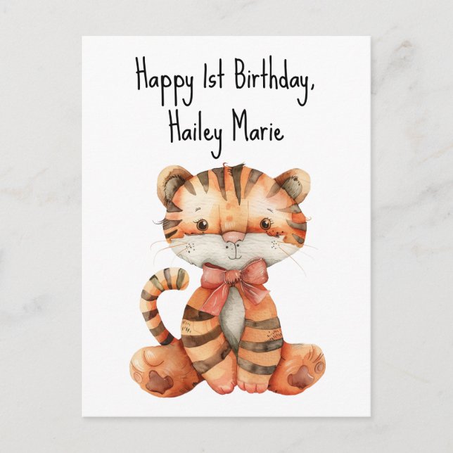 Carte Postale Tigre en peluche personnalisé pour premier anniver (Devant)