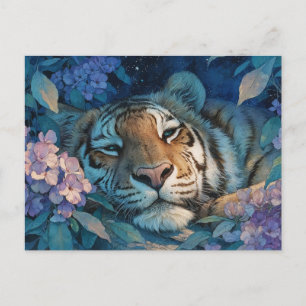 Carte Postale Tigre endormi dans un jardin floral pourpre