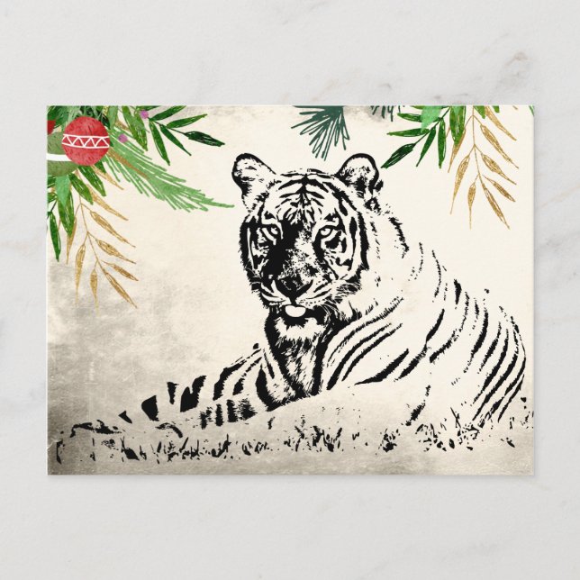 Carte Postale Tigre et feuilles de palmier vacances Noël Merci (Devant)
