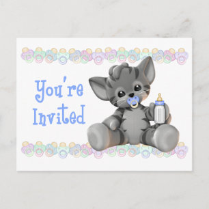 Carte Postale Tigre gris Kitten Baby shower bleu Invitation