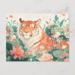Carte Postale Tigre Majestueux dans un Jardin Floral Luxuriant