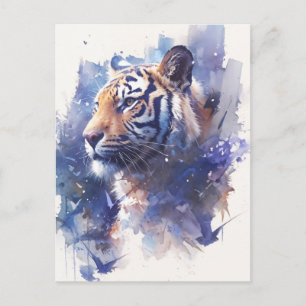 Carte Postale Tigre Majestueux en Aquarelle Indigo