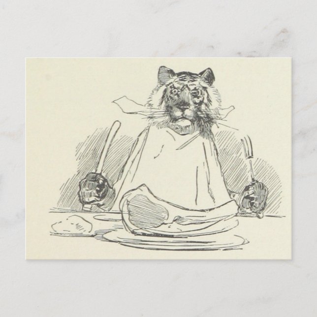 Carte Postale Tigre mangeant de la viande avec le couteau et la (Devant)