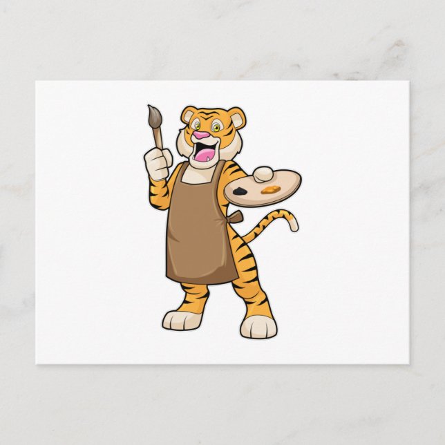 Carte Postale Tigre peignant avec de la peinture et un pinceau (Devant)