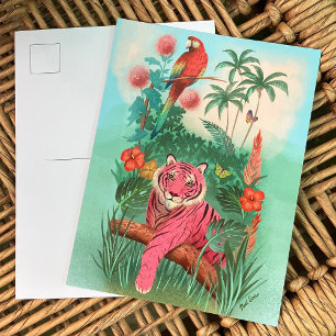 Carte Postale Tigre rose et perroquet dans la jungle tropicale