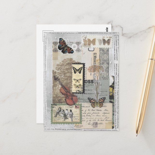 Carte Postale Timbres Ephemera Vintage Decoupage (Devant/Arrière en situation)