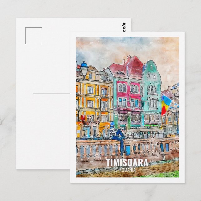 Carte Postale Timisoara Roumanie célèbre Travel Place aquarelle (Devant / Derrière)