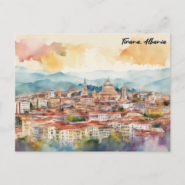 Carte Postale Tirana Albanie aquarelle peinture Panorama (Devant)