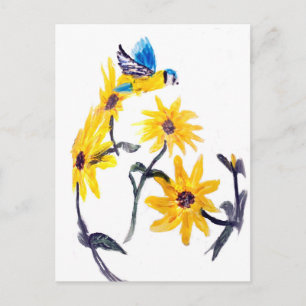 Carte Postale Tit Bleu, Fleurs de Soleil Jaunes Art Nature