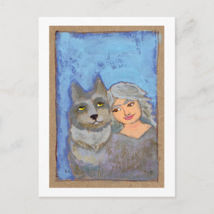Carte Postale Titre : Femme Loup - peinture d'art populaire mode