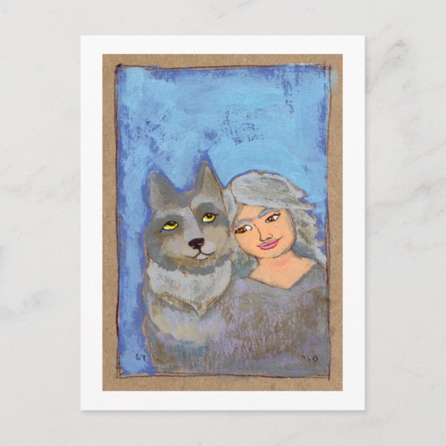 Carte Postale Titre : Femme Loup - peinture d'art populaire mode (Devant)