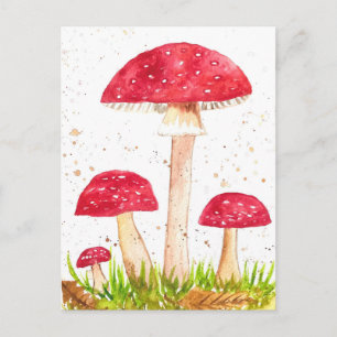 Carte Postale Toadstool Champignons Forêt aquarelle Rouge Nature