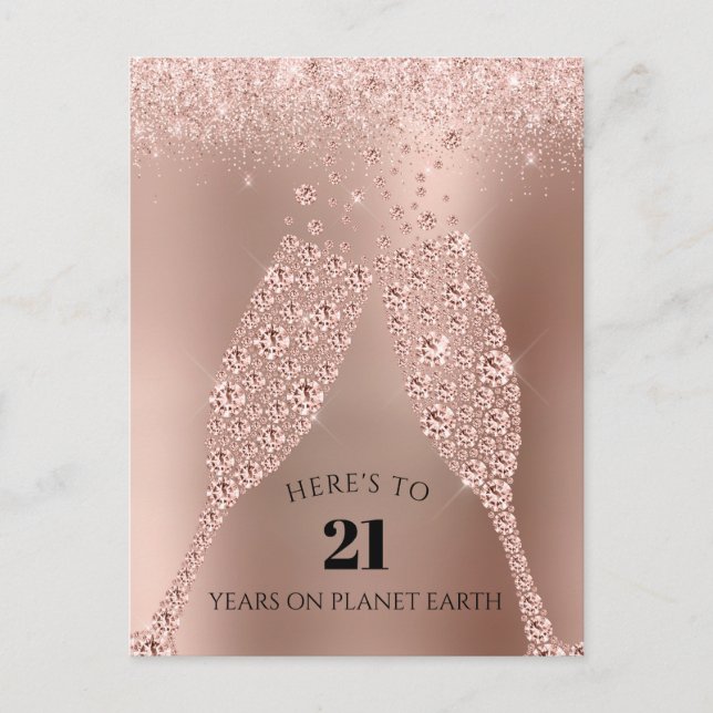 Carte Postale Toast Champagne d'or rose 21e anniversaire (Devant)