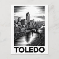 Toledo Ohio Skyline Noir et Blanc Gravure sur Bois