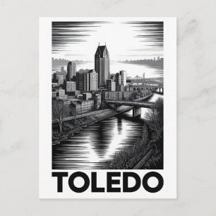 Carte Postale Toledo Ohio Skyline Noir et Blanc Gravure sur Bois