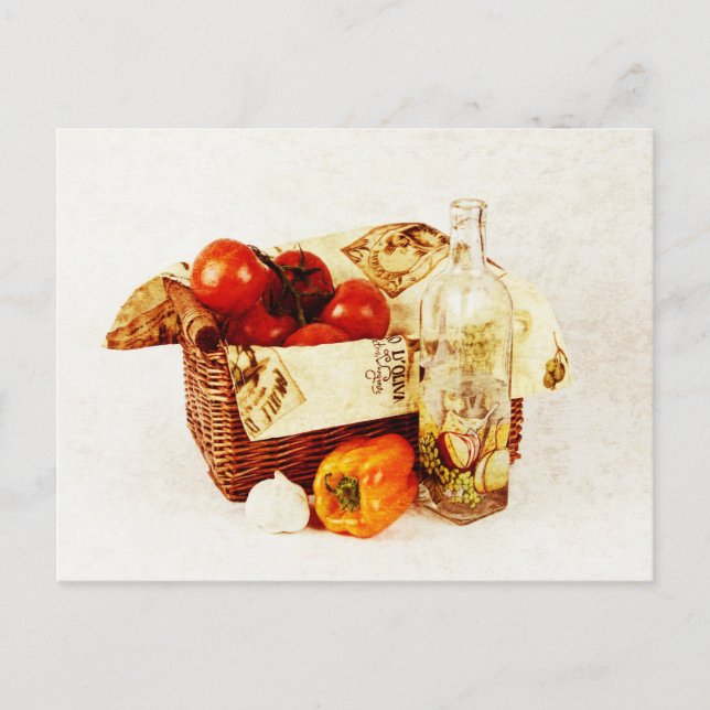 Carte Postale Tomates dans un panier et huile d'olive (Devant)