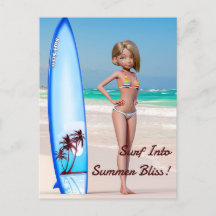 Toon Surfer Girl Posing sur le bord de mer