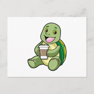 Carte Postale Tortue avec coquille et café à emporter