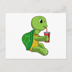 Carte Postale Tortue avec tasse à boire avec paille