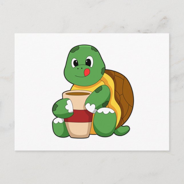 Carte Postale Tortue avec tasse de café (Devant)