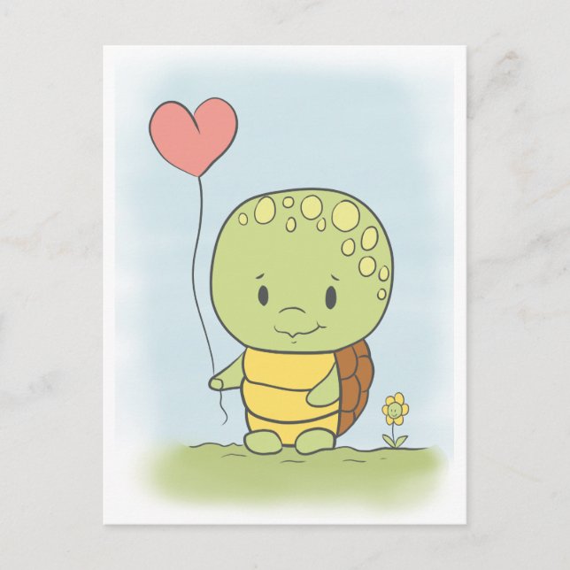 Carte Postale Tortue avec un ballon en forme de cœur (Devant)