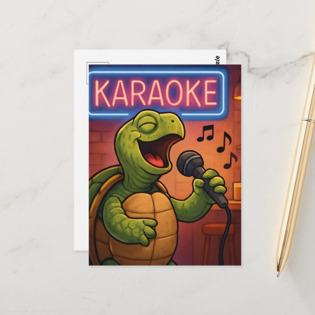 Carte Postale Tortue chanteuse Karaoke (Devant/Arrière en situation)