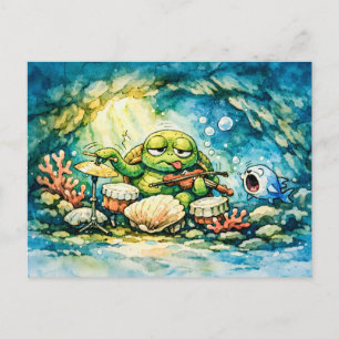 Carte Postale Tortue de mer jouant du violon et des coquillages 