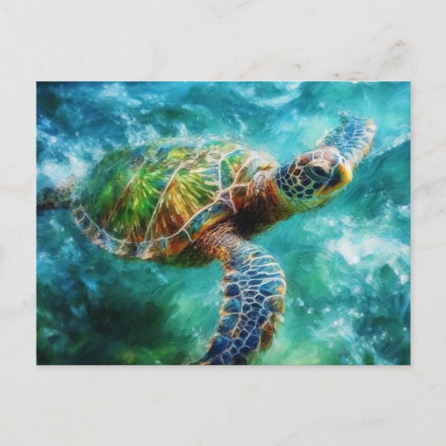 Carte Postale Tortue de mer nageant à l'aquarelle (Devant)