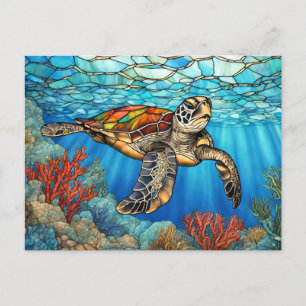 Carte Postale Tortue de mer nageant en vitrail, corail