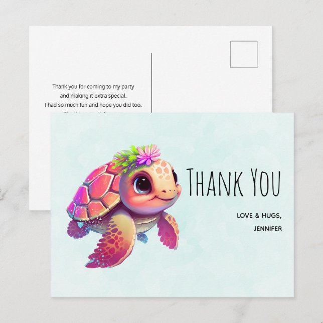 Carte Postale Tortue de mer rose Fantaisiste et mignonne Merci (Devant / Derrière)