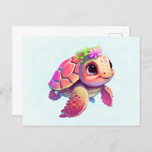 Carte Postale Tortue de mer rose Whimsical & mignon