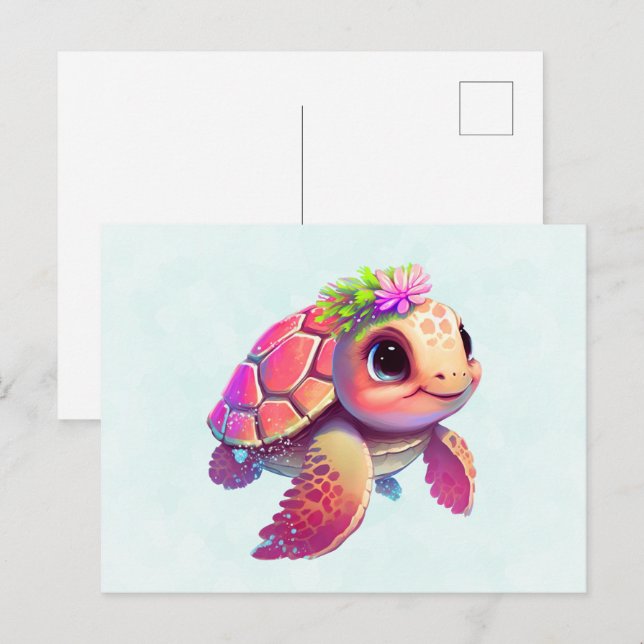 Carte Postale Tortue de mer rose Whimsical & mignon (Devant / Derrière)