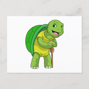 Carte Postale Tortue en tant que pensionné avec bâton de marche