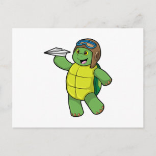 Carte Postale Tortue en tant que pilote avec un avion en papier