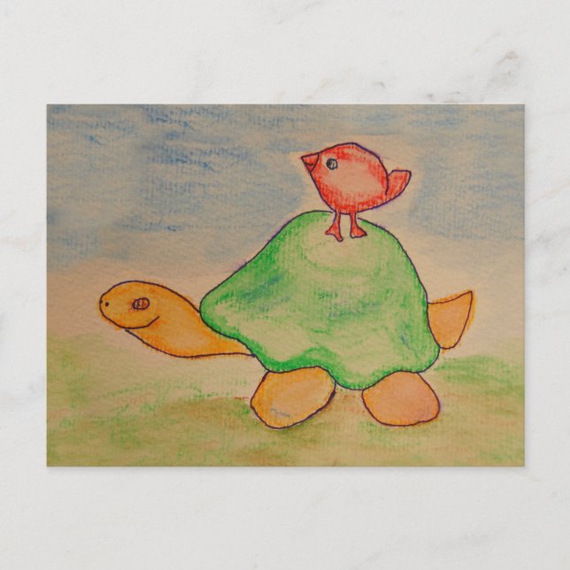 Carte Postale Tortue et oiseau en promenade (Devant)