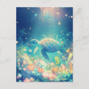 Carte Postale Tortue marine lumineuse dans un jardin sous-marin