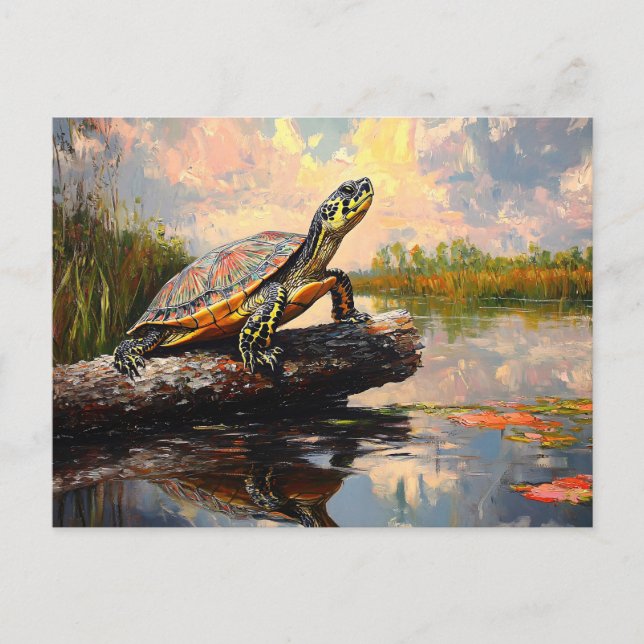 Carte Postale Tortue mignonne sur un rondelle Everglades peintur (Devant)