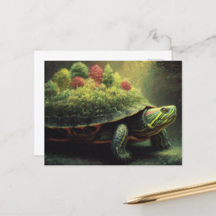 Carte Postale Tortue rouge à oreille avec une forêt en coquille