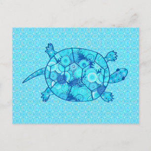 Carte Postale Tortue tourbée fractale - cobalt et bleu turquoise
