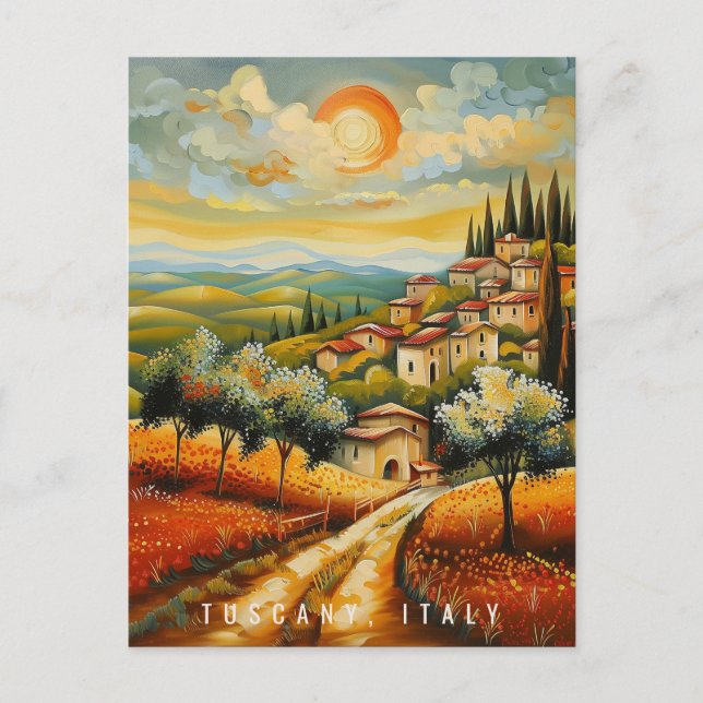 Carte Postale Toscane au coucher du soleil Peinture à l'huile |  (Devant)