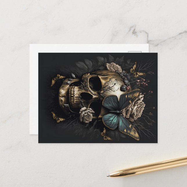 Carte Postale Totenkopf mit Schmetterling gold schwarz Motiv (Devant/Arrière en situation)