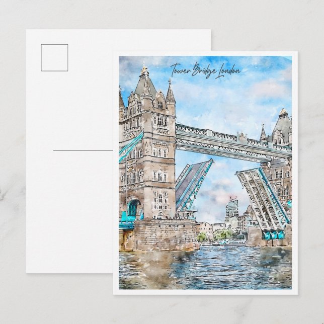 Carte Postale Tour Bridge London couleur d'eau de voyage vintage (Devant / Derrière)
