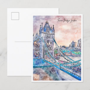 Carte Postale Tour Bridge London couleur d'eau de voyage vintage