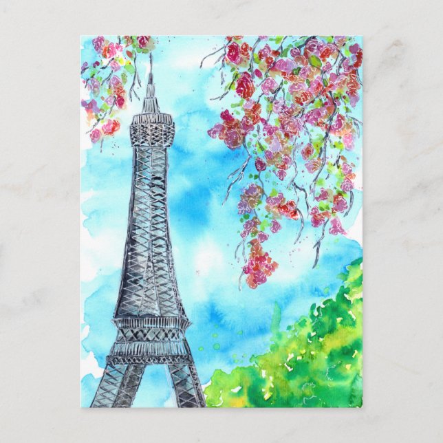 Carte Postale Tour Eiffel au printemps aquarelle (Devant)
