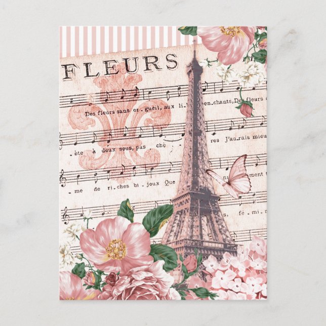 Carte Postale Tour Eiffel Fleur française Collage rose (Devant)