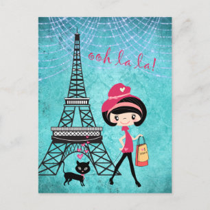 Carte Postale Tour Eiffel Paris Fille et chat Bleu Damas
