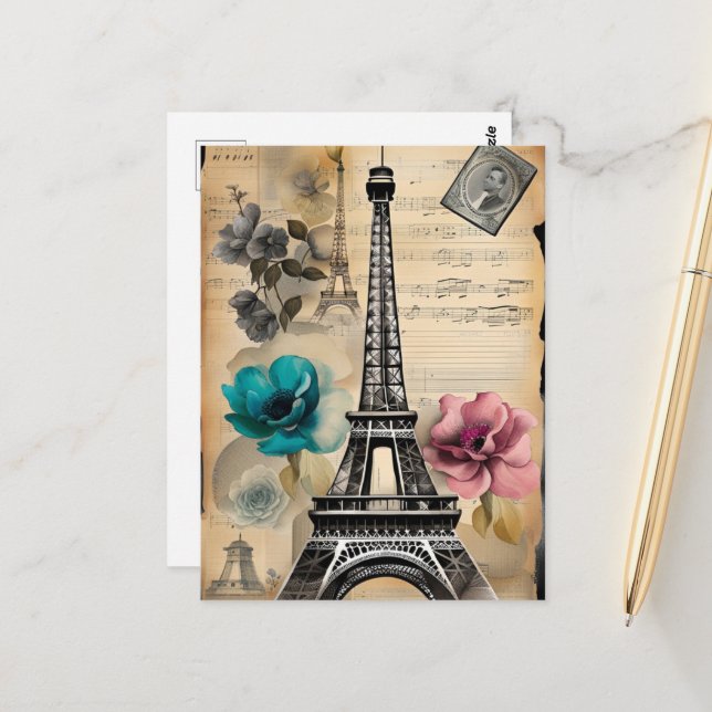 Carte Postale Tour Eiffel vintage Sepia (Devant/Arrière en situation)